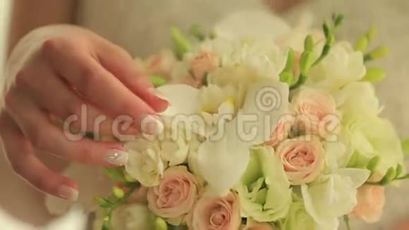 美丽的新娘正捧着一束可爱的婚礼五颜六色的花束彩花的美特写一堆小花新娘视频的预览图