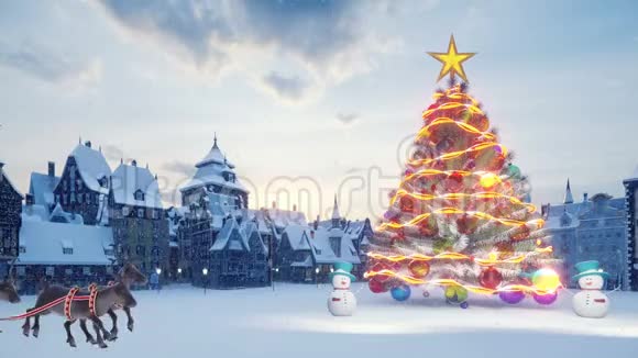 圣诞树上有五颜六色的发光五颜六色的球圣诞老人和驯鹿坐在圣诞雪橇上雪人和视频的预览图