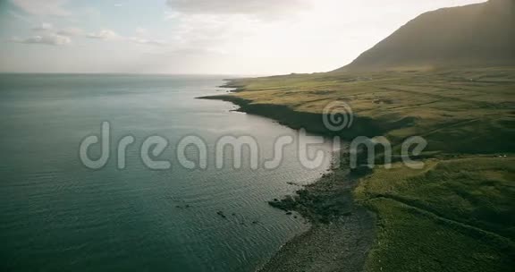 科普特飞过冰岛近水的山谷鸟瞰海边和草地视频的预览图