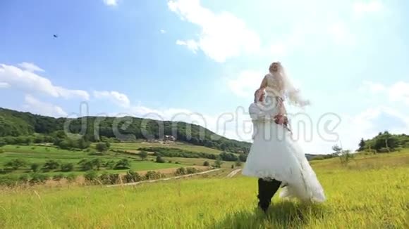 快乐英俊的新郎在阳光明媚的绿色田野里牵着美丽的金发新娘奇妙的春天景观视频的预览图