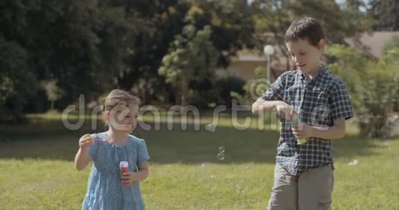 小女孩和男孩在户外吹肥皂泡视频的预览图