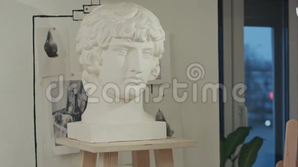 一个年轻男子在艺术工作室的白色石膏半身雕塑肖像视频的预览图