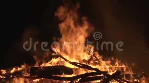 夜火火花在黑暗的夜空中飞舞大夜篝火在森林的空地上燃烧视频的预览图