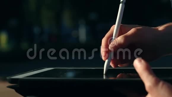 艺术家在公园用手写笔在平板电脑上画草图视频的预览图