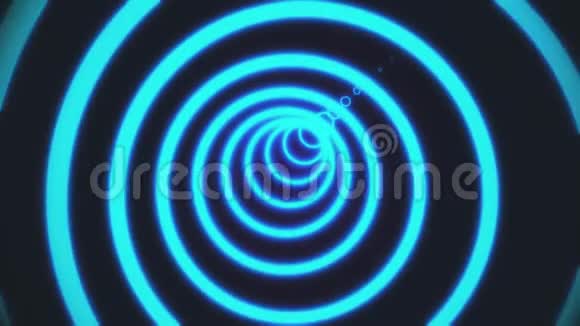 由绿色相交线形成的黑色背景上明亮的霓虹灯圆的抽象隧道艺术商业视频的预览图