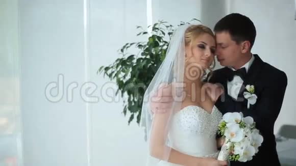 温柔的时刻在豪华餐厅迷人的新郎新娘在婚礼庆典上轻轻拥抱视频的预览图