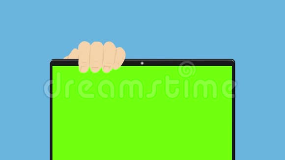 动画商人的正面视图是带指尖的触摸式电脑屏幕平面风格视频的预览图