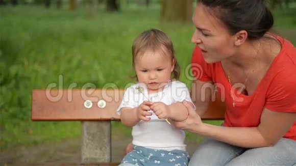 夏天妈妈和宝宝在公园里用蒲公英吹着大自然视频的预览图