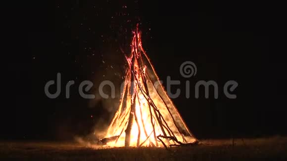 夜火火花在黑暗的夜空中飞舞大夜篝火在森林的空地上燃烧视频的预览图