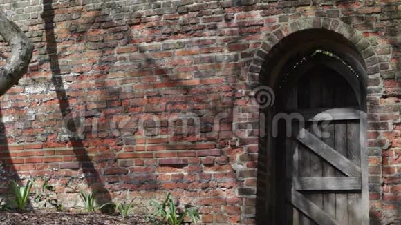 英国圣奥尔本斯砖墙中的老式拱形木门视频的预览图