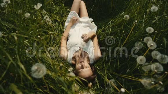 美丽的女孩在阳光明媚的草地上的蒲公英上吹着的肖像视频的预览图