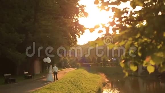 美丽的新婚夫妇带着气球在风景如画的金色秋日公园散步视频的预览图
