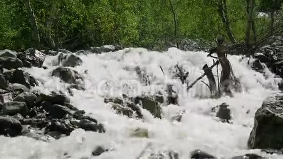 冰冷的山河与汹涌的溪流森林里汹涌的河流景色视频的预览图