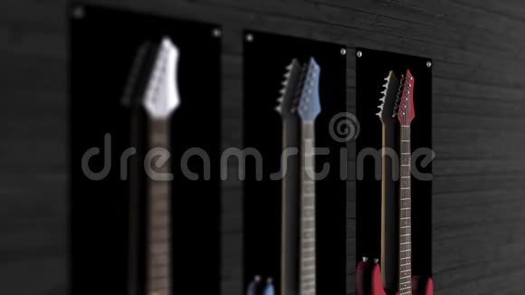 三把电动吉他挂在墙上三把吉他挂在墙上的动画视频的预览图