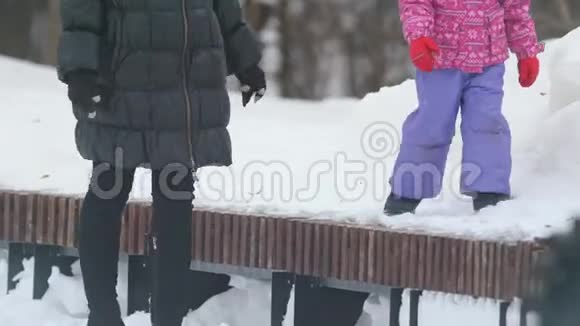 小可爱在雪地里和妈妈散步视频的预览图