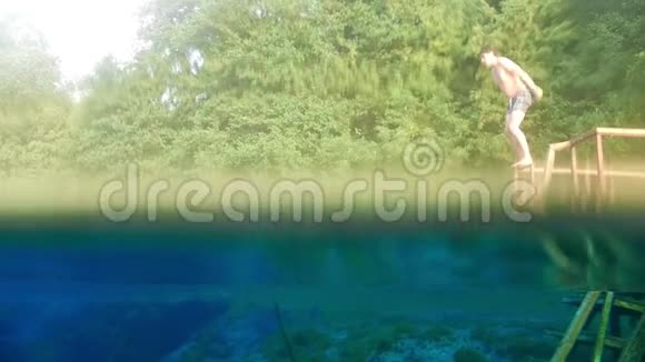 年轻人在清澈的蓝湖水中游泳视频的预览图