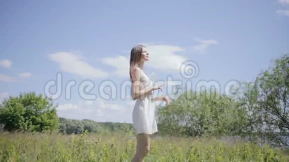 草地上年轻漂亮的女人享受阳光视频的预览图