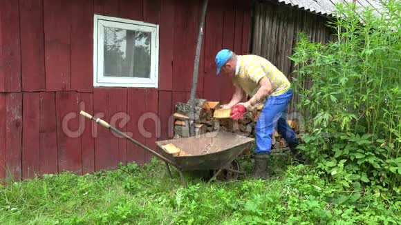 园丁从木屋附近的手推车上卸下木柴4K视频的预览图