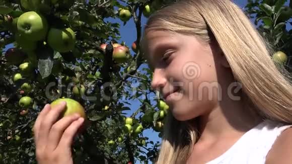 吃苹果的孩子果园里的孩子树上的水果的农民女孩视频的预览图