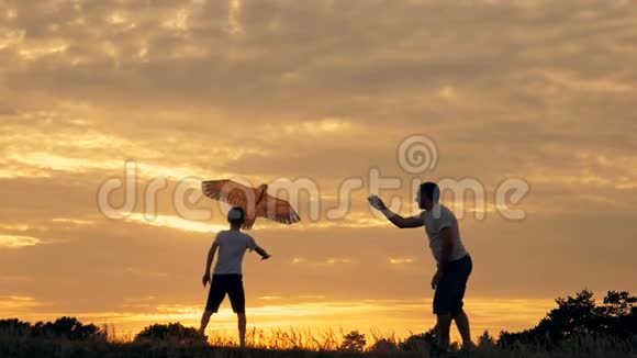 快乐的一家人爸爸和孩子们在草地上奔跑夏天日落时放风筝视频的预览图