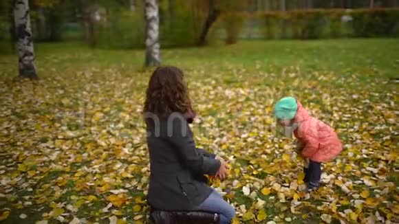 快乐的年轻妈妈和她的小女儿在秋天的公园里玩妈妈和女孩扔树叶和笑慢慢慢慢视频的预览图