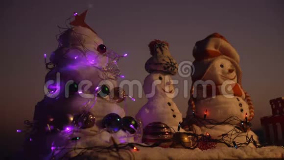圣诞快乐雪人快乐和雪人新年快乐雪人幸福的一对雪人庆典视频的预览图