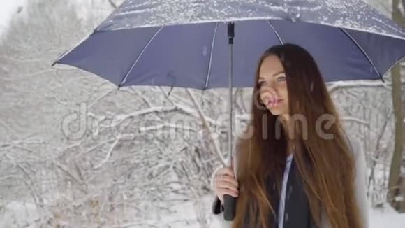 带着雨伞的漂亮年轻女人正在冬天的公园里户外散步慢动作时尚冬季肖像视频的预览图