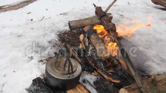 在冬天烤架上煮的烧烤鸡它们会抽黑煤视频的预览图