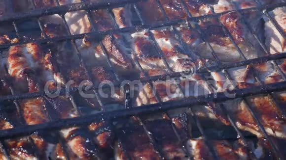 露天烧烤多汁的肉在烤架上热煤和烟雾4K视频的预览图