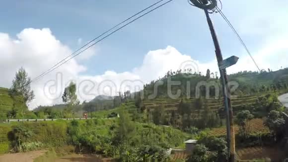 从车上可以看到在印度尼西亚爪哇的梯田上的山有种植蔬菜的床视频的预览图