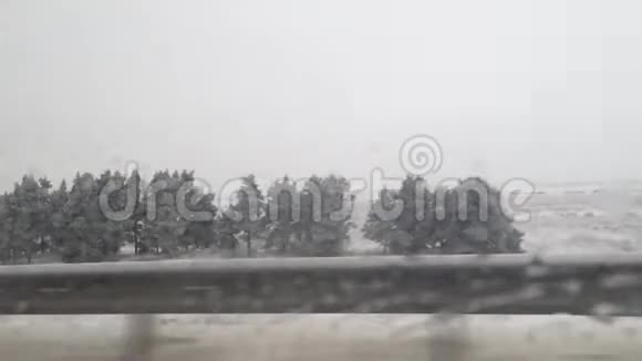 在冬季公路上乘车旅行在室外圣诞树的玻璃冬林上洒下的玻璃水滴视频的预览图