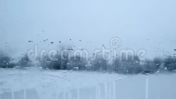 冬天乘车旅行雾蒙蒙的玻璃水滴在圣诞树的玻璃冬林上忧郁视频的预览图
