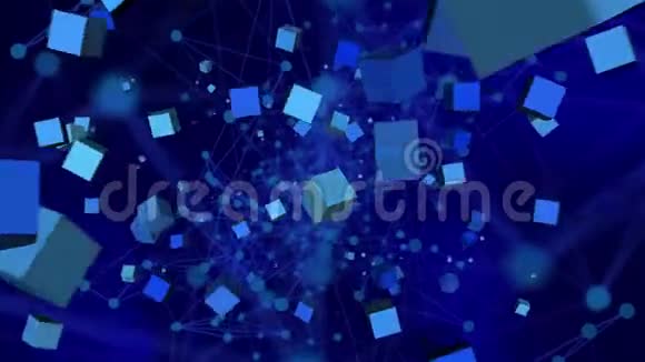 蓝色立方体和点飞向相机和旋转抽象几何背景视频的预览图