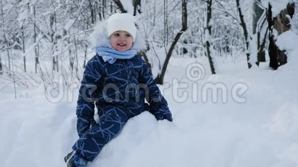 冬天孩子们坐在树林里的雪地上视频的预览图