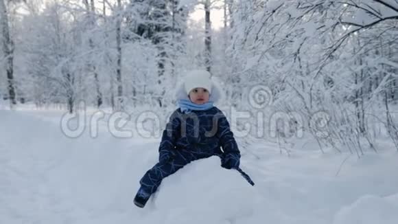 冬天孩子们坐在树林里的雪地上视频的预览图