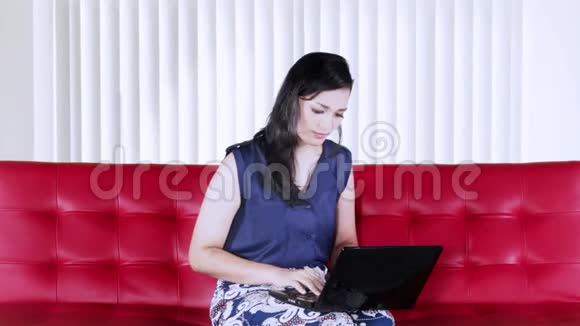 忙碌的女人带着笔记本电脑的红沙发视频的预览图