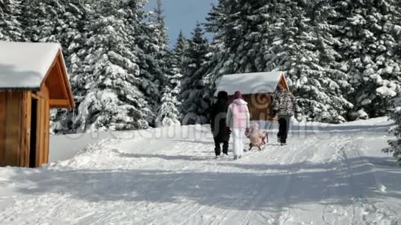 一家人在冬天的环境中散步时享受视频的预览图
