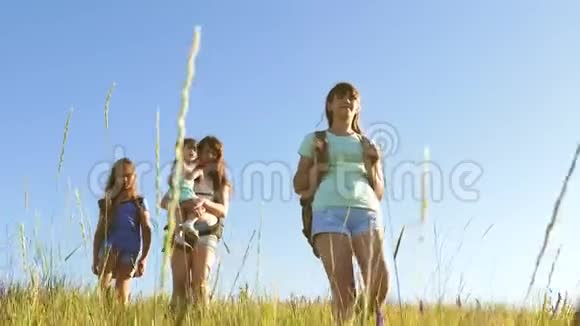 团队旅行者快乐的妈妈和女儿一个小宝宝在夏天带着颜色的背包穿越田野视频的预览图