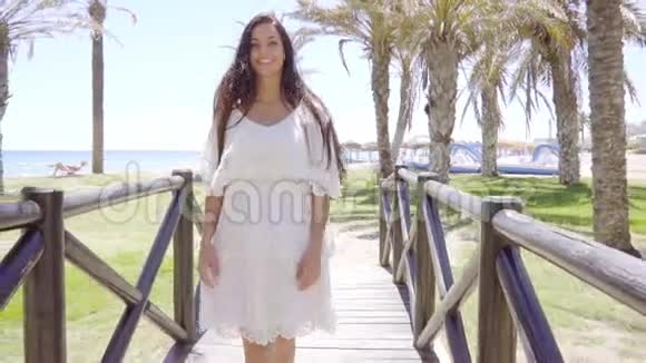 海滩小桥上的美女视频的预览图