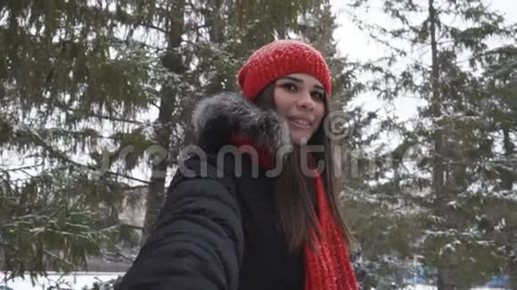 情侣冬季雪林漫步女主角手持男子在雪园慢动作视频的预览图