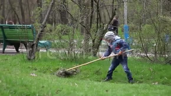 小男孩打扫树叶耙视频的预览图