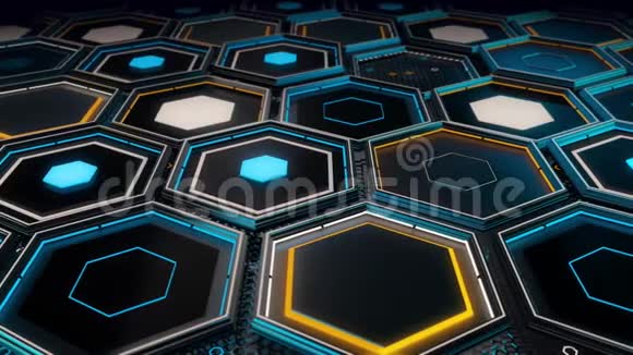 技术图案有许多蓝色和黄色的几何六边形框架在黑色背景无缝环视频的预览图
