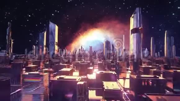 未来主义景观虚拟空间中的运动和爆炸恒星和城市的背景股票动画视频的预览图