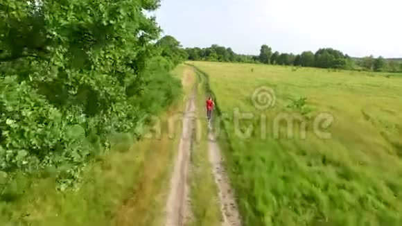 在外面的绿田里在农村公路上跑步男性跑步者在户外训练中慢跑视频的预览图