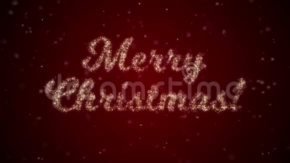 圣诞快乐的文字是用闪闪发光的微粒在红色的节日背景和雪慢慢地出现视频的预览图