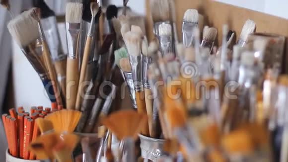 铅笔在焦点各种绘画用的艺术画笔由天然和枯燥的毛皮制成的刷子视频的预览图