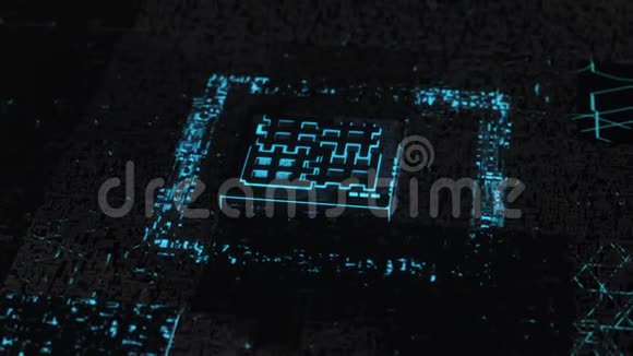3D计算机芯片过电路背景的蓝色和黑色动画人工智能和网络视频的预览图