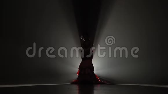 穿着漂亮裙子的女孩在跳舞从后面的光烟雾背景慢动作剪影视频的预览图