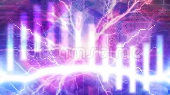 紫色背景下4K无缝环运动背景动画中的正弦波杆和闪电波视频的预览图
