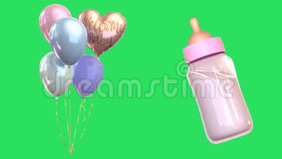 动画宝贝瓶绿色背景上有彩色气球视频的预览图